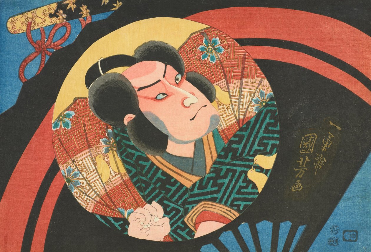 Bild eines Kabuki-Schauspielers auf einem Faltfächer von Utagawa Kuniyoshi