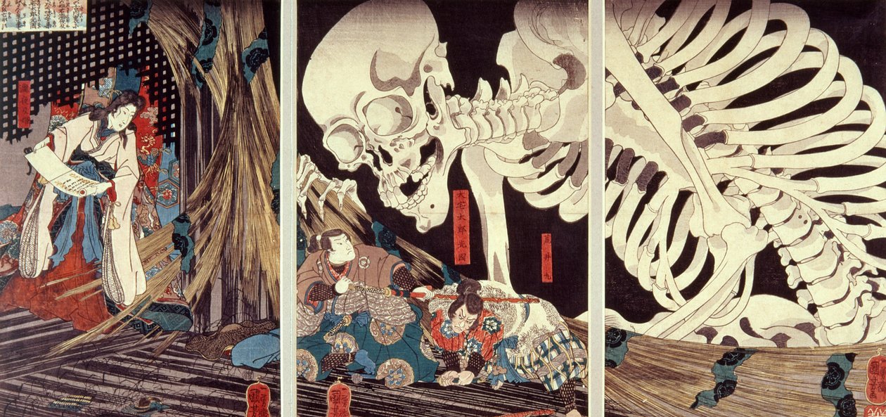 Mitsukini trotzt dem Skelettgespenst, ca. 1845 von Utagawa Kuniyoshi