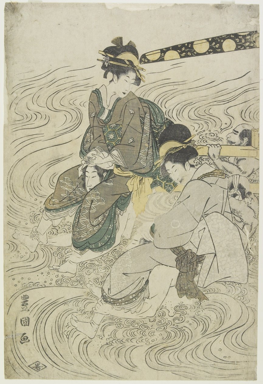 Zwei Frauen überqueren einen Fluss auf den Schultern von Trägern von Utagawa Toyokuni