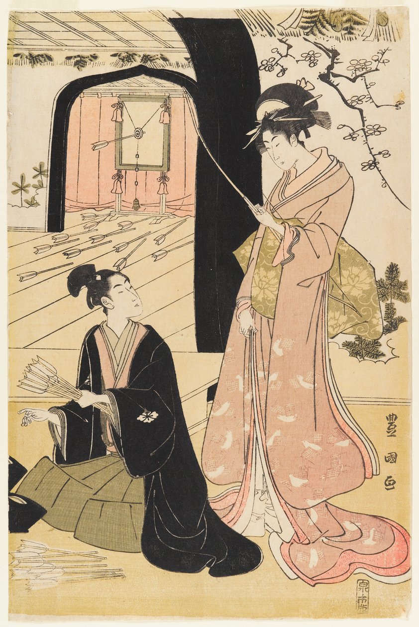 Junger Samurai und weibliche Begleiterinnen beim Bogenschießen, Hälfte eines Diptychons, ca. 1800 von Utagawa Toyokuni