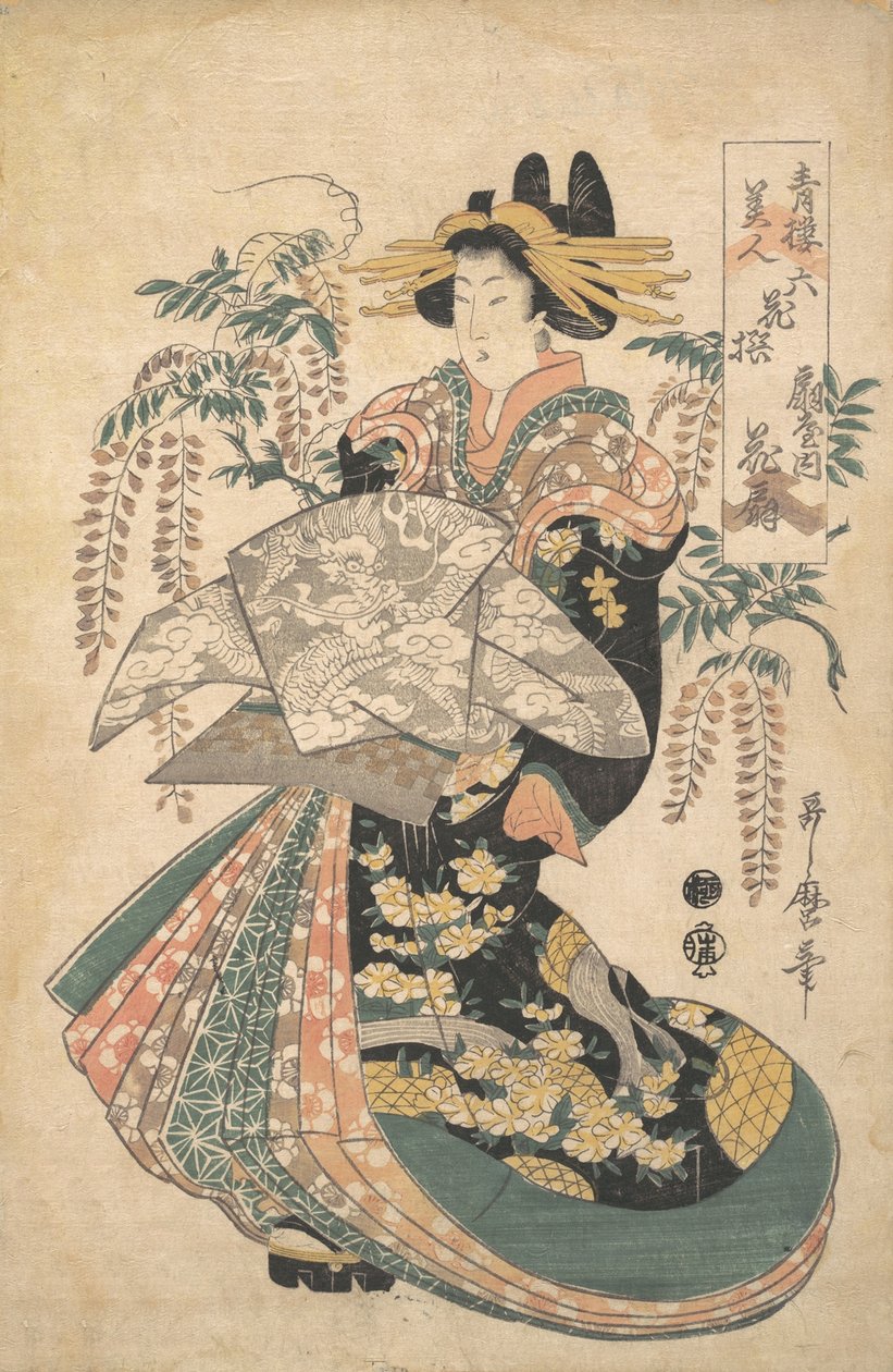 Eine Kurtisane mit Glyzinien im Hintergrund von Utamaro II