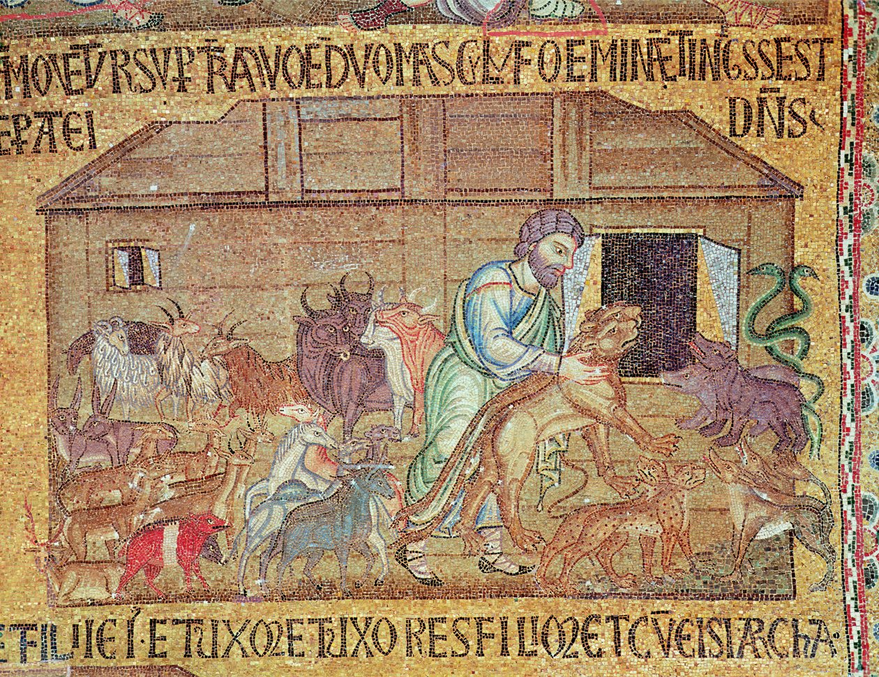 Die Sintflut, aus dem Atrium, (Detail) von Noah, der wilde Tiere auf die Arche bringt (Mosaik) von Byzantine School