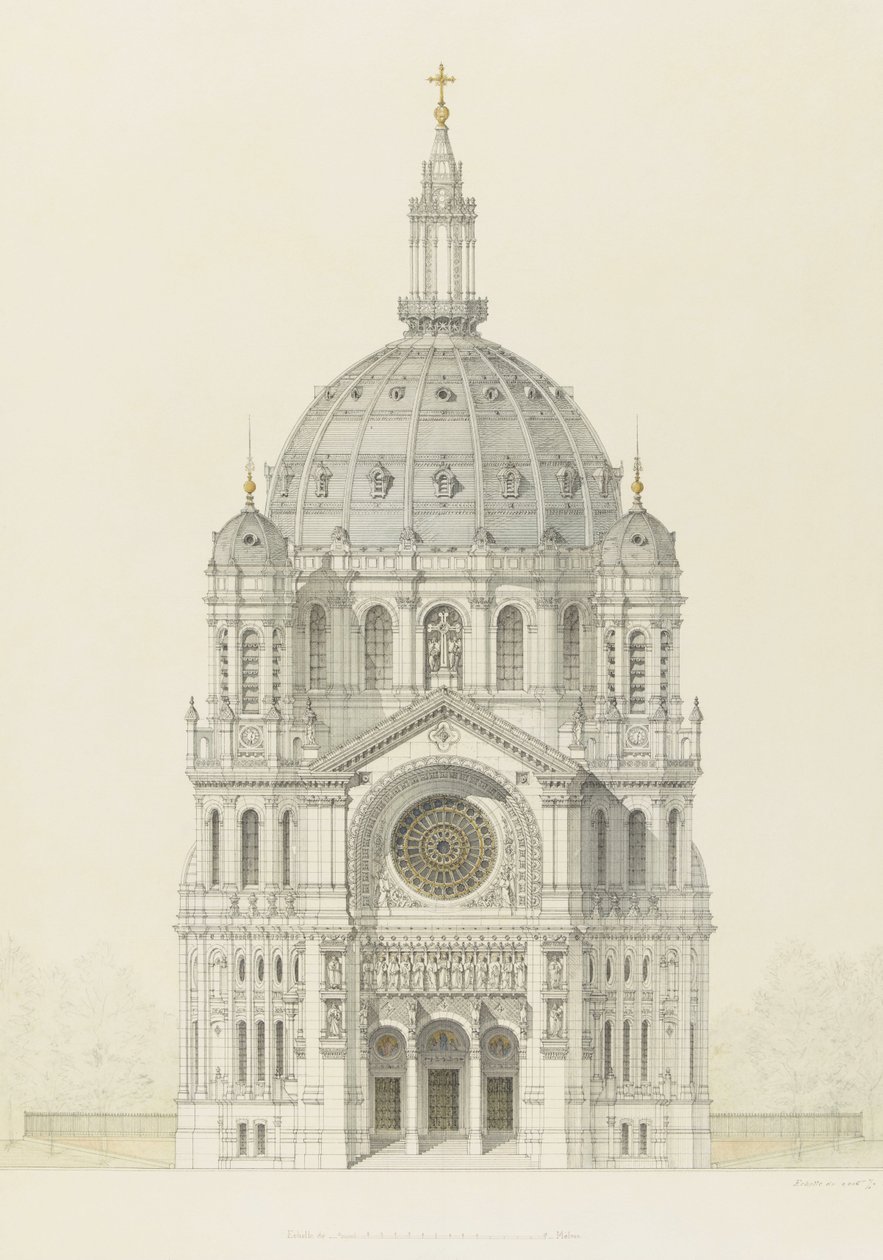 Kirche Saint Augustin, Paris, Aufriss der Hauptfassade von Victor Baltard