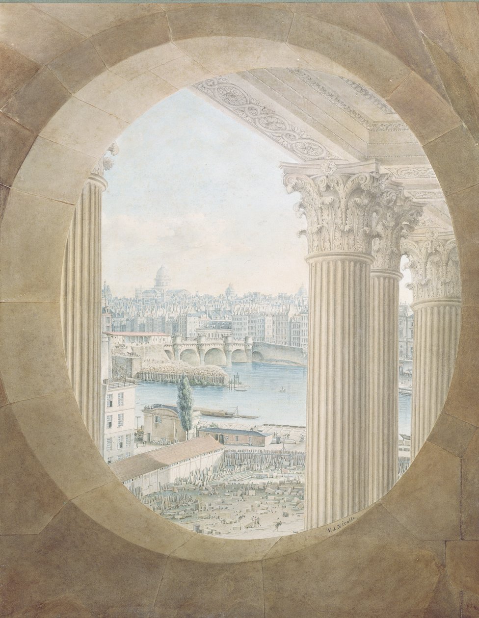 Ansicht der Pont Neuf aus einem Bullaugenfenster des Louvre, 1810 von Victor Jean Nicolle
