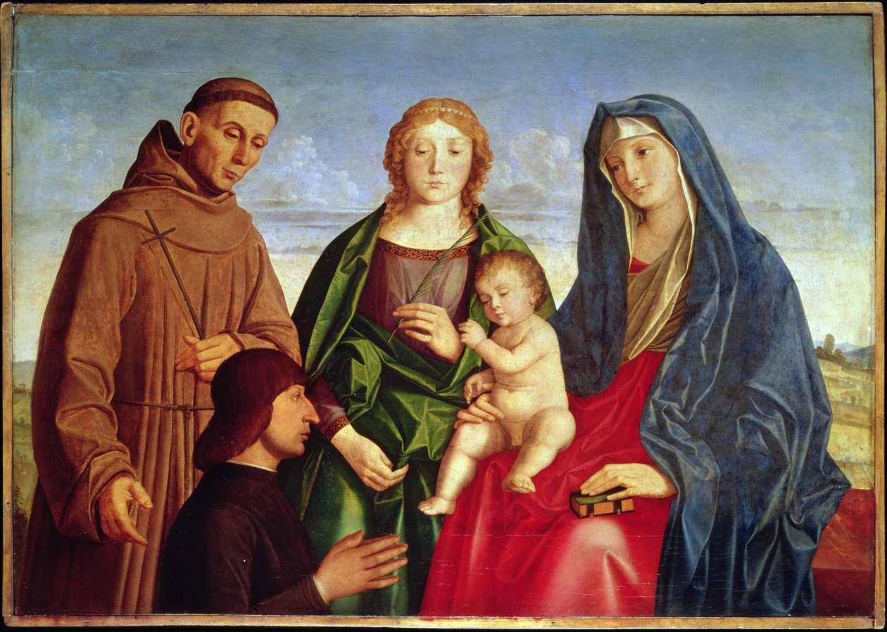 Die Jungfrau und das Kind mit St. Franziskus, einer weiblichen Heiligen und einem Stifter von Vincenzo di Biagio Catena