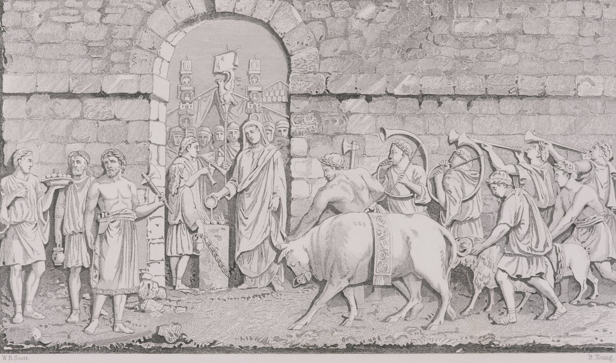Das große Opfer der Römer bei Kriegsbeginn, graviert von R. Young, aus 