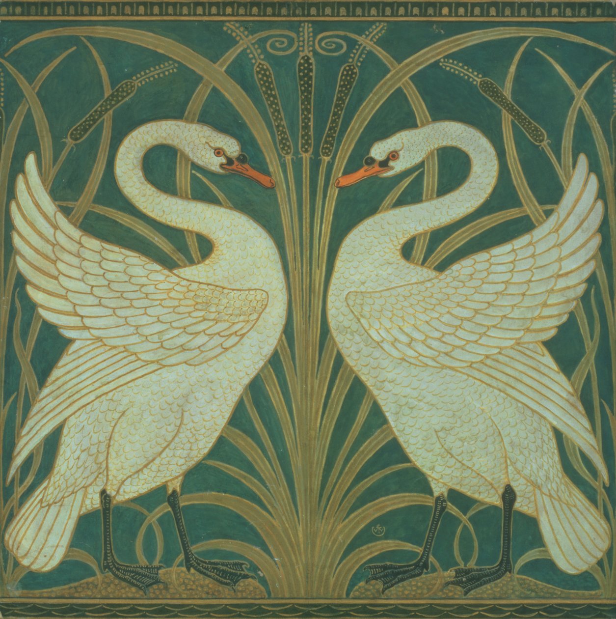 Tapetendesign für ein Schwan-, Binsen- und Iris-Panel von Walter Crane