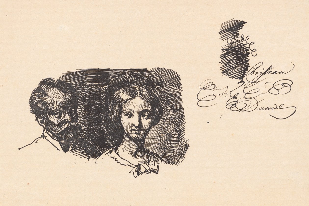 Studienblatt mit zwei Köpfen und einer Schriftprobe von Wilhelm Marstrand
