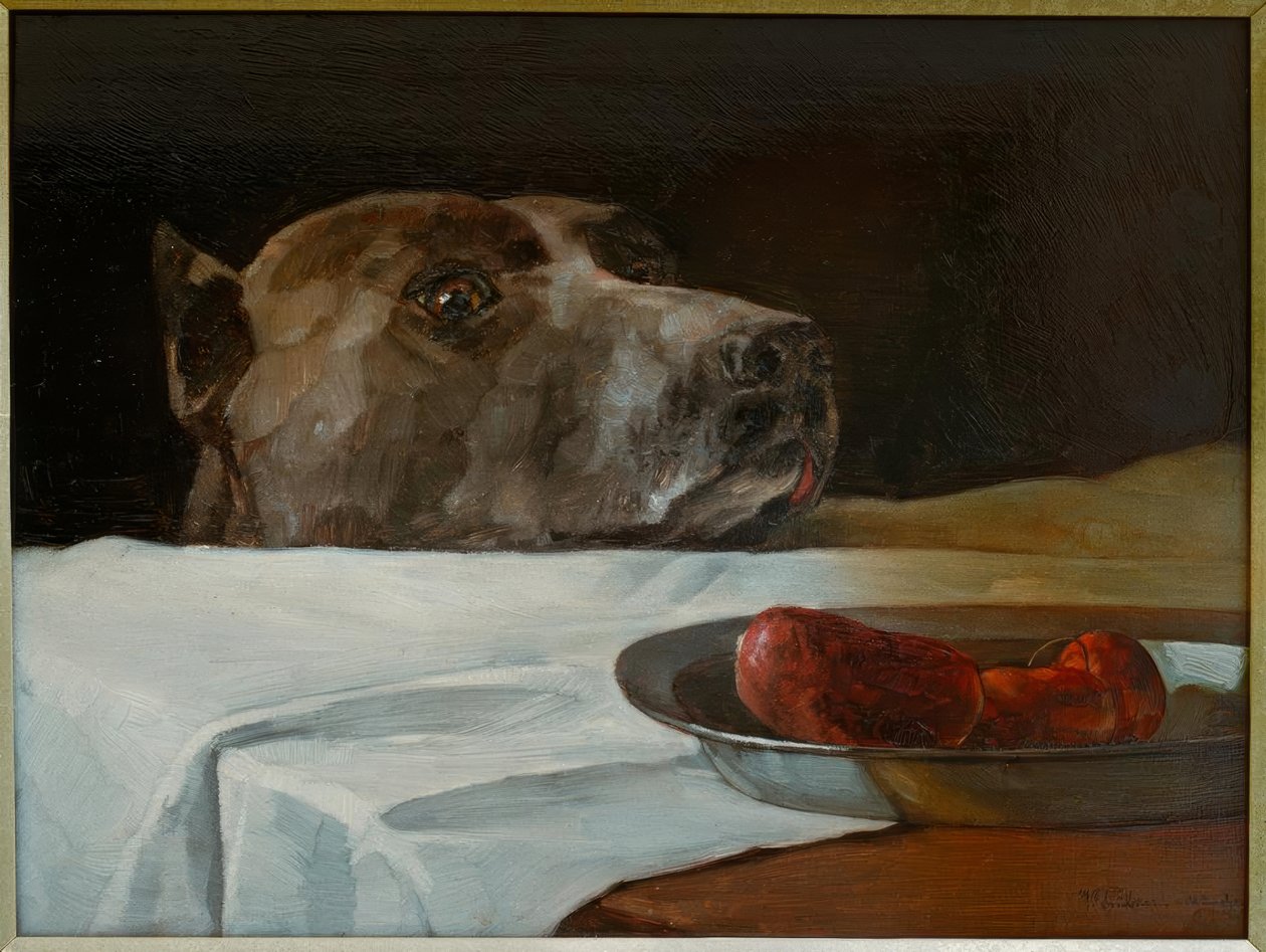 Dogge mit Wurstschüssel von Wilhelm Trübner