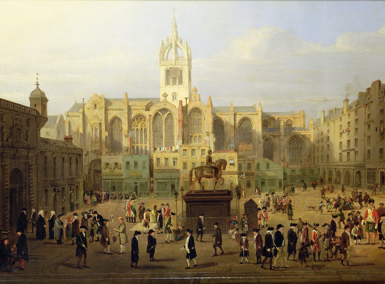 Das Parlament Close und öffentliche Figuren von Edinburgh, um das Ende des 18. Jahrhunderts von Wilkie, Nasmyth and Stanfield Roberts