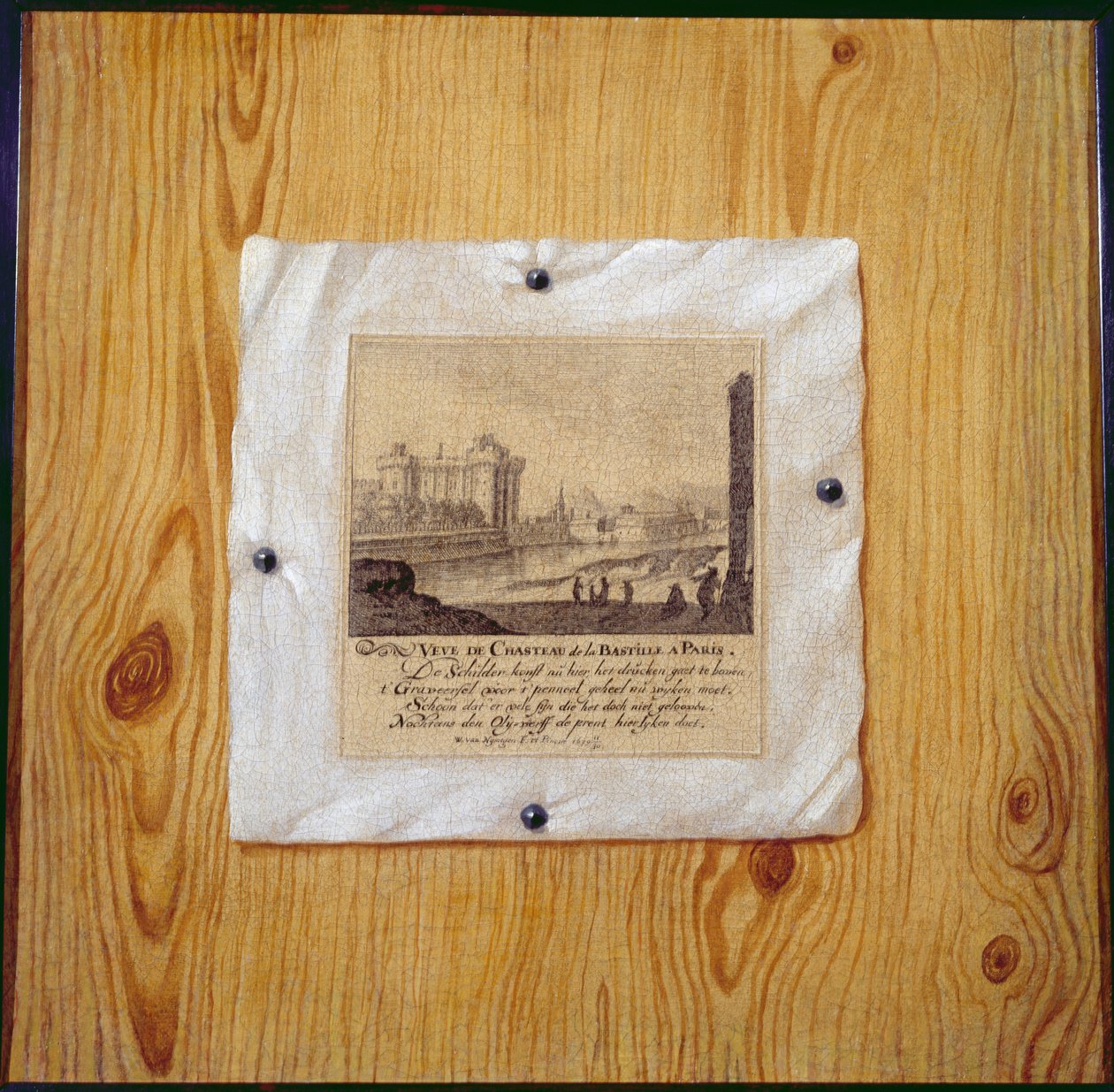 Ein Trompe-l’œil einer Gravur der Bastille, Paris, an eine Holztrennwand genagelt 1679 von Willem van Nijmegen