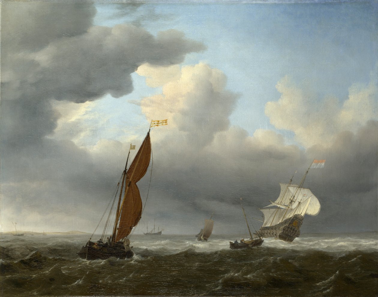Ein niederländisches Schiff und andere kleine Schiffe bei starkem Wind von Willem van de Velde the Younger