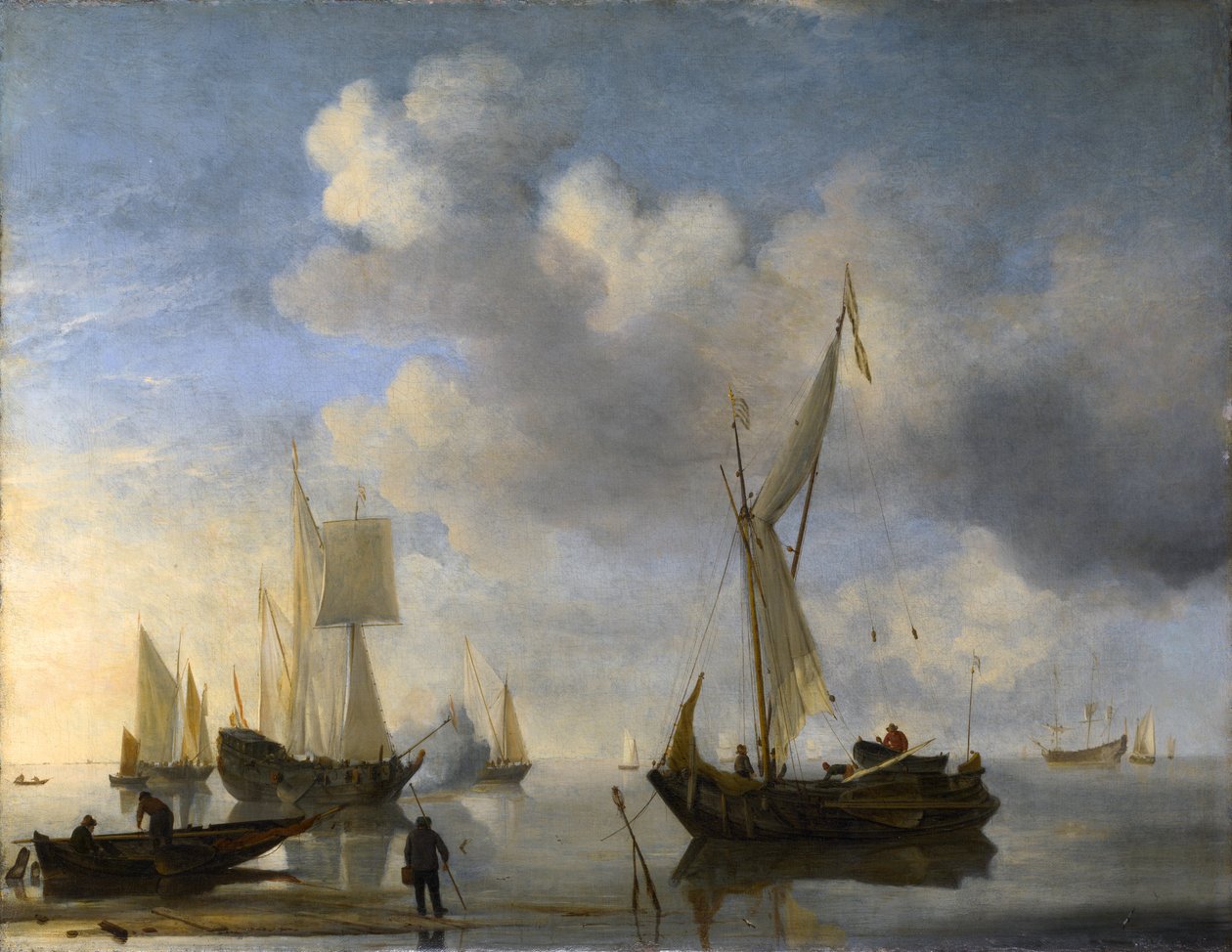 Niederländische Schiffe liegen nahe der Küste in ruhigem Wasser, eines salutiert von Willem van de Velde the Younger