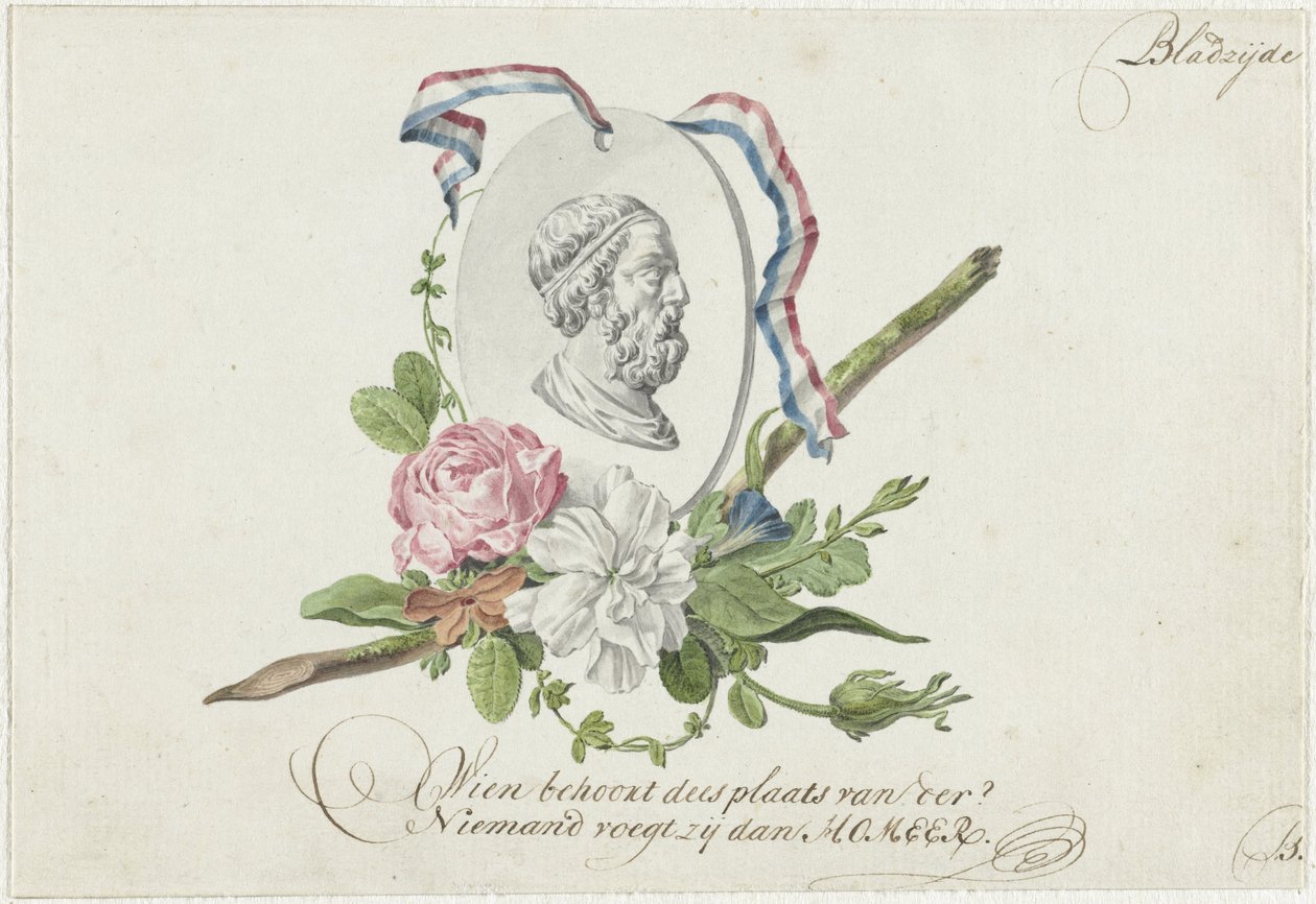 Vignette mit Blumen, Porträtmedaillon und Band von Willem Bilderdijk