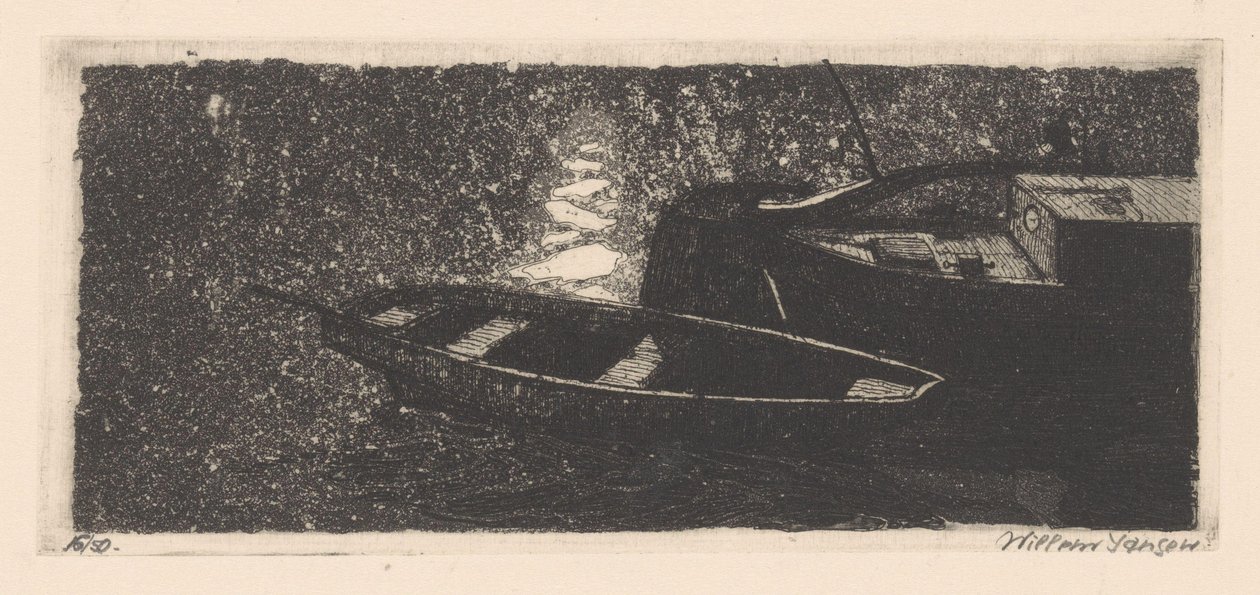 Heck und Ruderboot von Willem Jansen (graveur) (signed by artist)