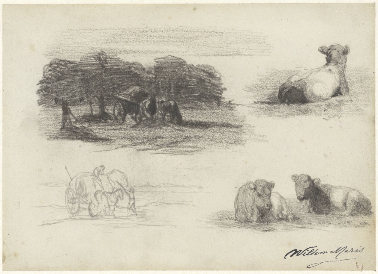 Vier Skizzen von Heuwagen und Kühen von Willem Maris