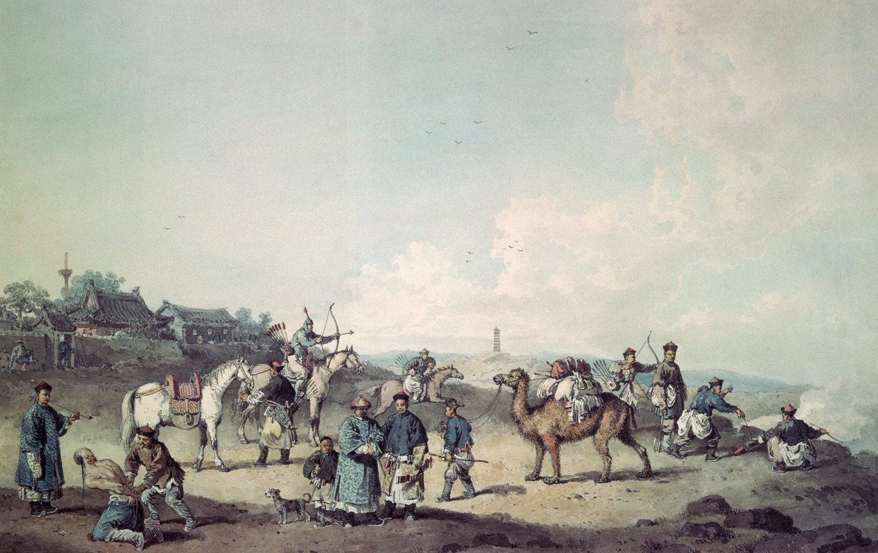 Chinesische Soldaten üben außerhalb der Stadtmauern von William Alexander