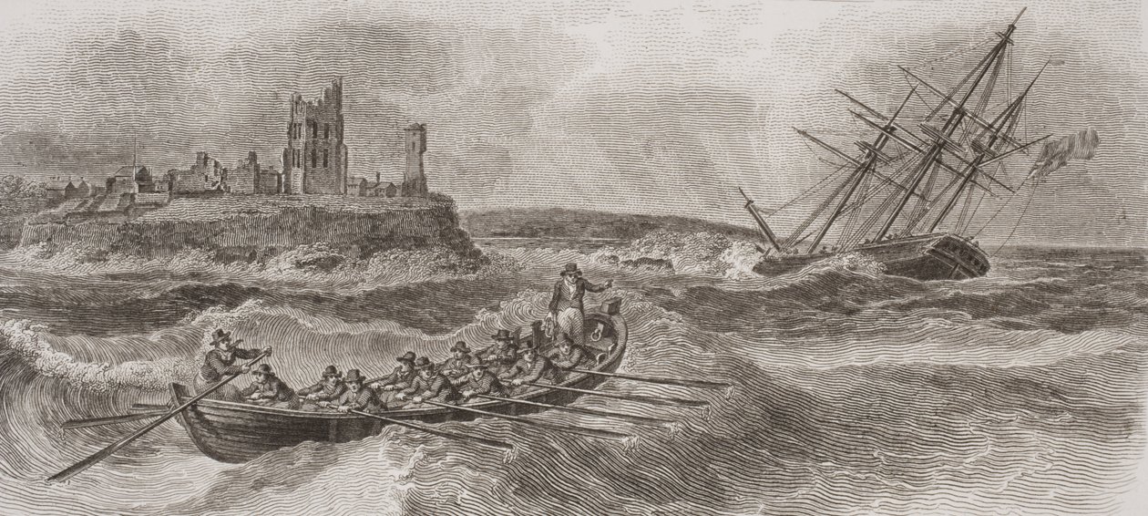 Rettungsboot rudert zur Rettung eines sinkenden Segelschiffs, graviert von Thomas Milton (1743-1827) 1820 von William Anderson