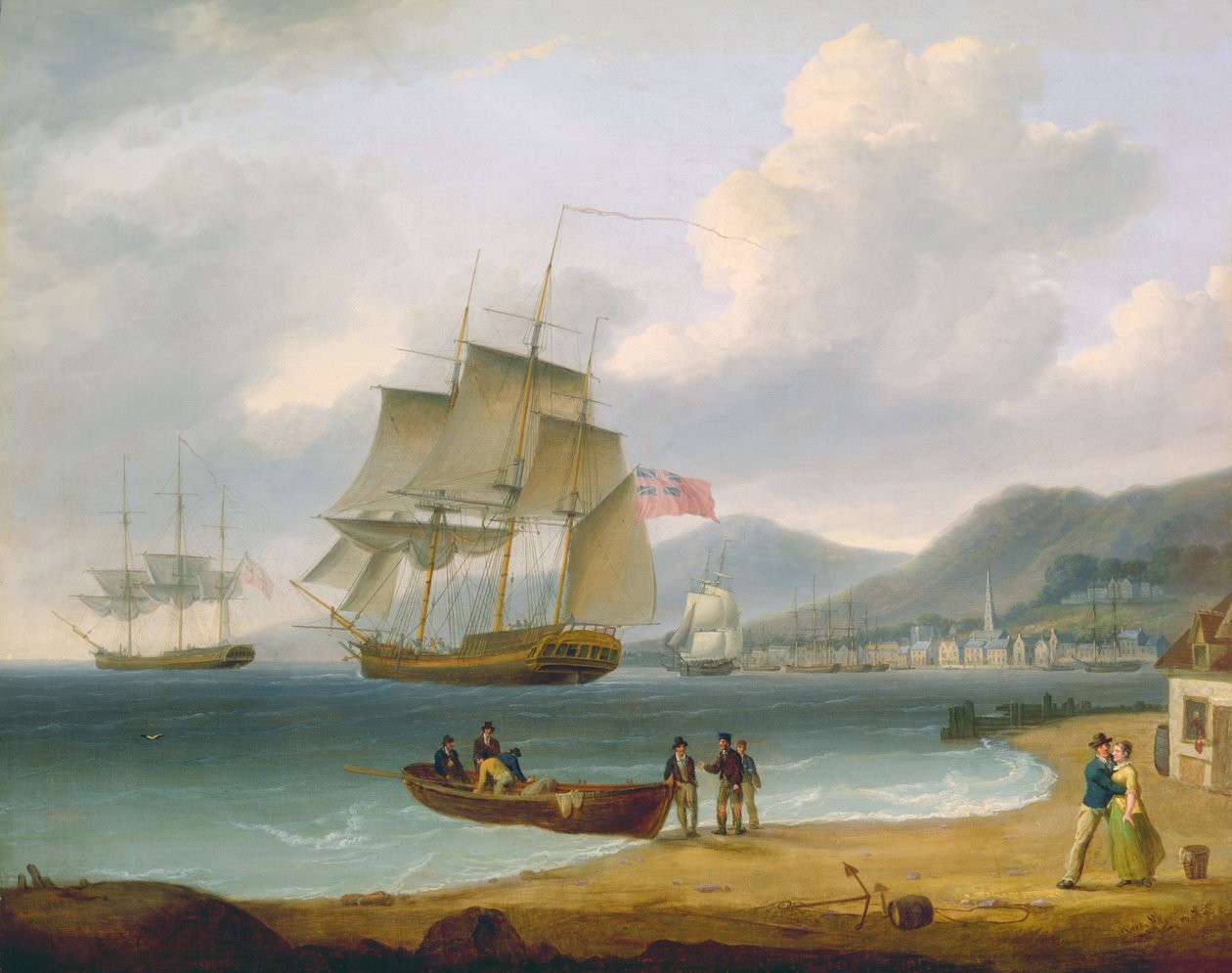 Handelsschiffe unter Segel und vor Anker vor einer Stadt von William Anderson