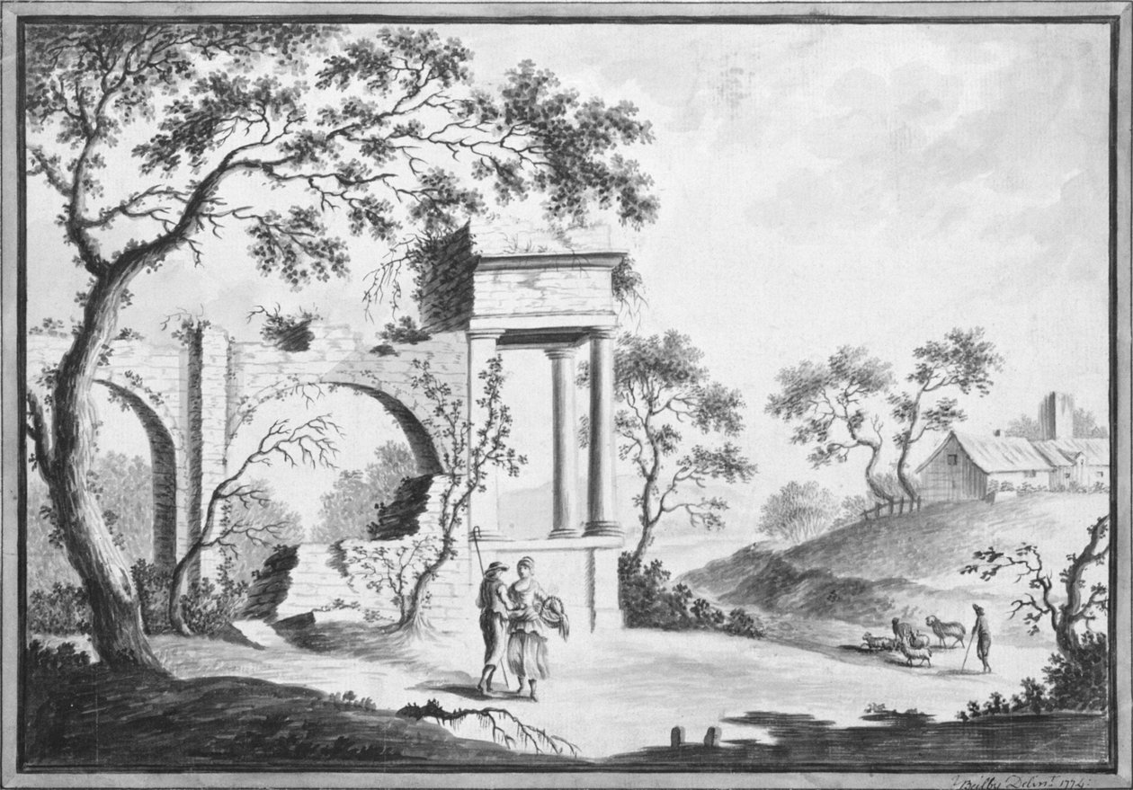 Italienische Landschaft mit klassischen Ruinen und Hirten von William Beilby