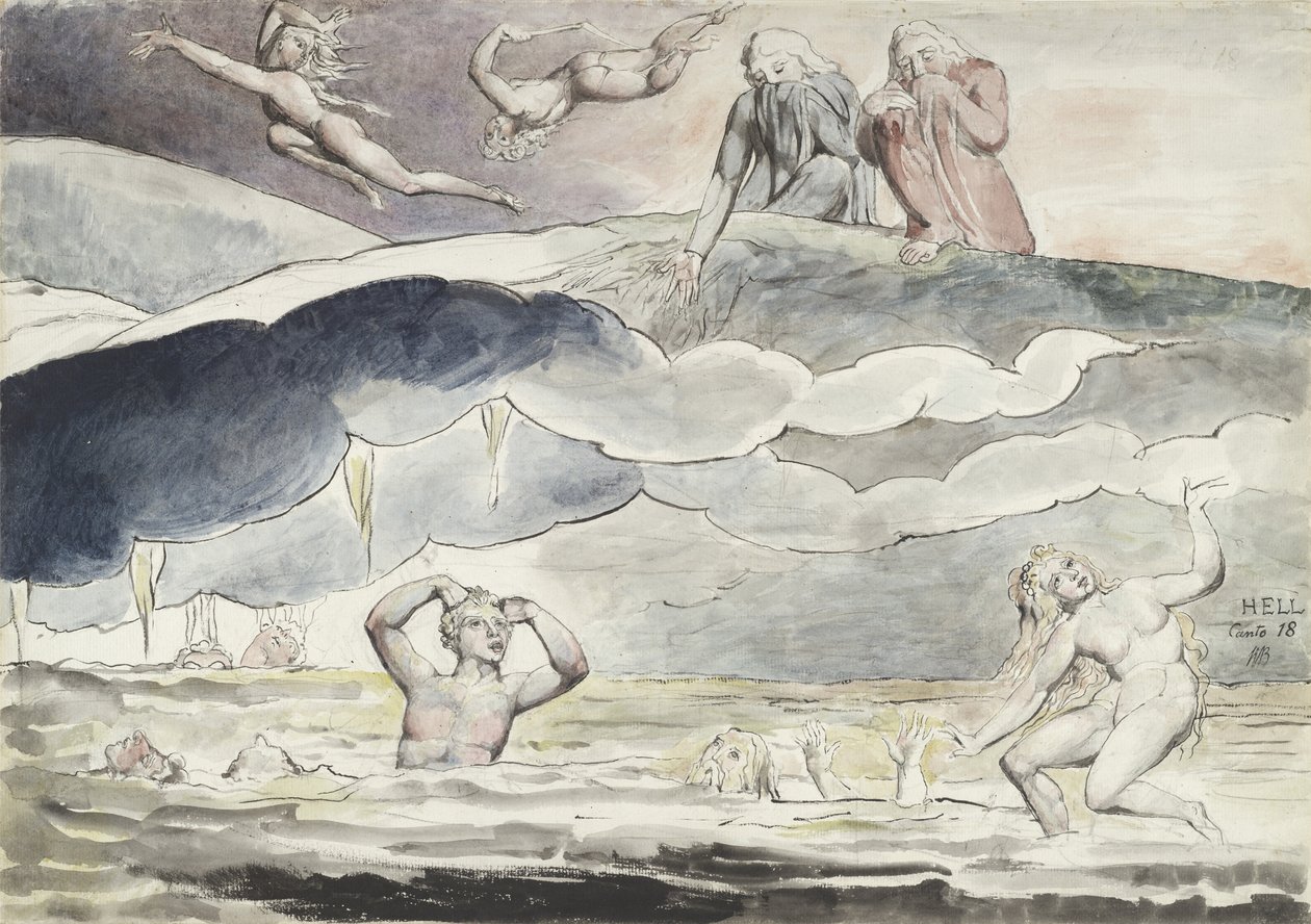 Dante und Virgil blicken in den Graben der Schmeichler, Illustration zur "Göttlichen Komödie" von Dante Alighieri, 1824-27 von William Blake