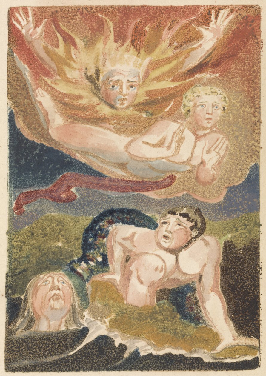 Vier nackte Männer, die aus ihren Elementen hervortreten: Flammen, Himmel, Meer und grüne Erde, Tafel 22 aus Das erste Buch Urizen von William Blake