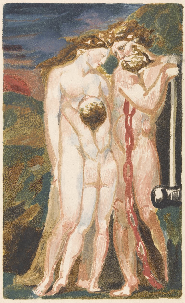 Nackte Frau, die auf einen Jungen hinunterschaut, und rechts ein bärtiger Mann, der sich auf einen Hammer stützt, Platte 18 aus Das erste Buch von Urizen von William Blake