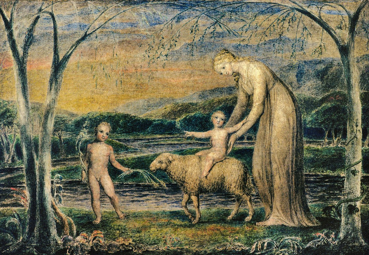 Unsere Liebe Frau mit dem Jesuskind auf einem Lamm reitend mit St. Johannes, 1800 von William Blake