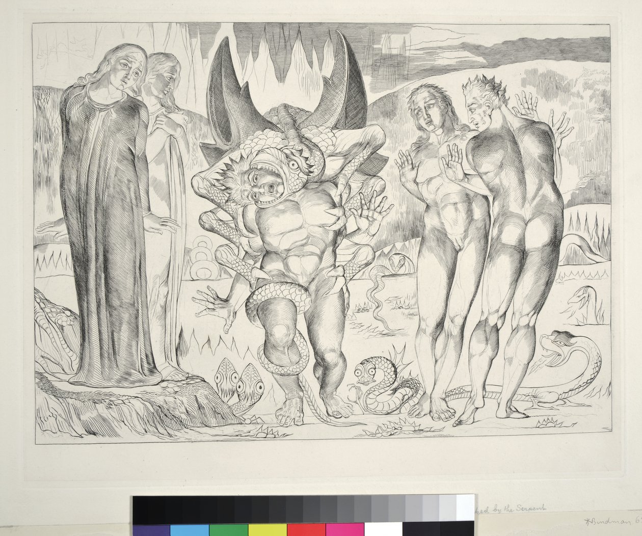 Der Kreis der Diebe: Agnolo Brunelleschi von einer sechsfingrigen Schlange angegriffen, Inferno, Canto XXV, Illustration zur 