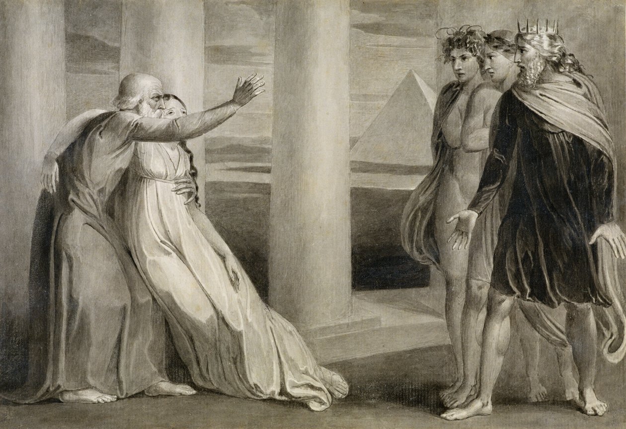 Tiriel unterstützt die sterbende Myratana und verflucht seine Söhne, 1786-89 von William Blake