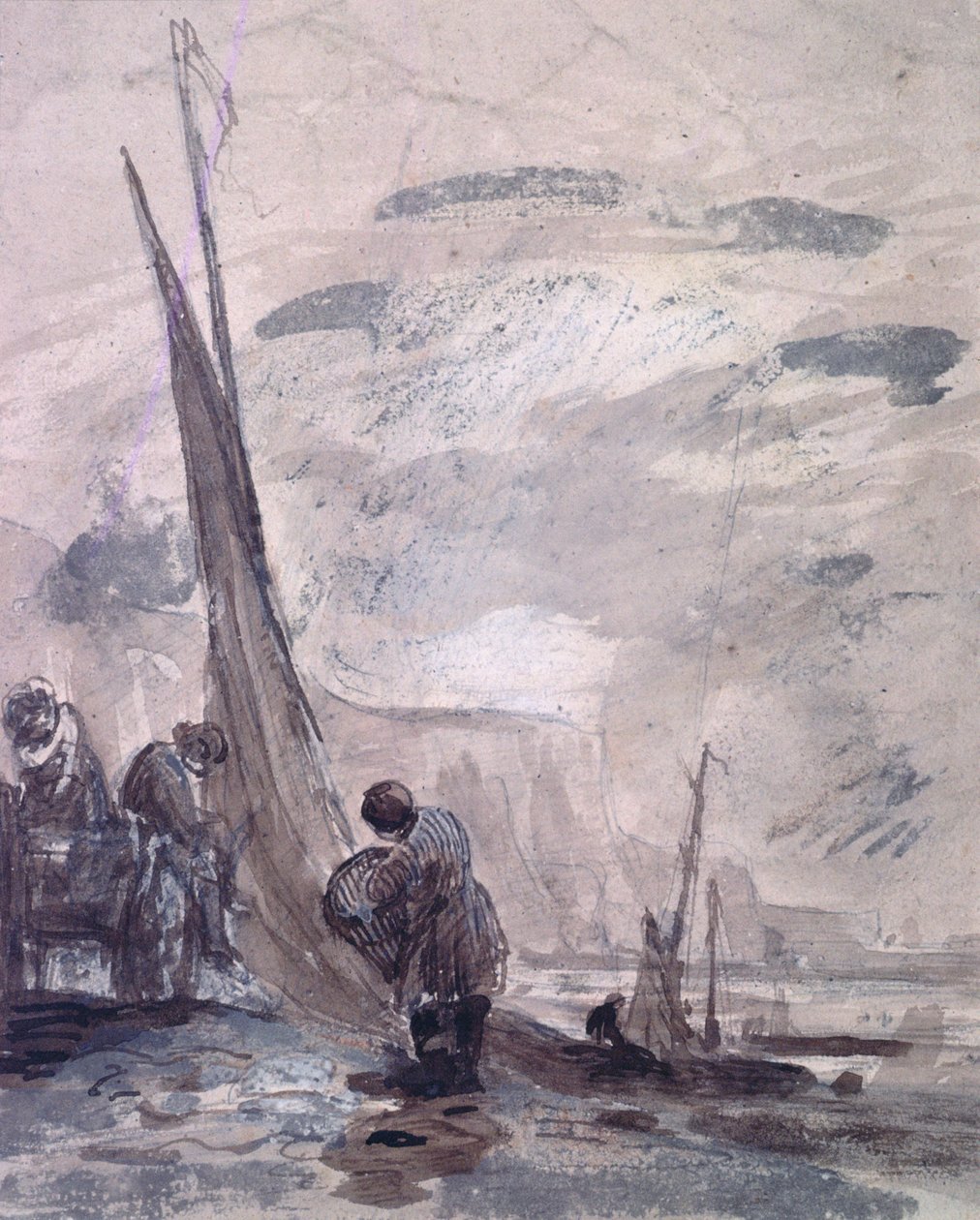 Figuren mit Karren und Booten am Ufer, nahe Klippen, 19. Jahrhundert von William Collins