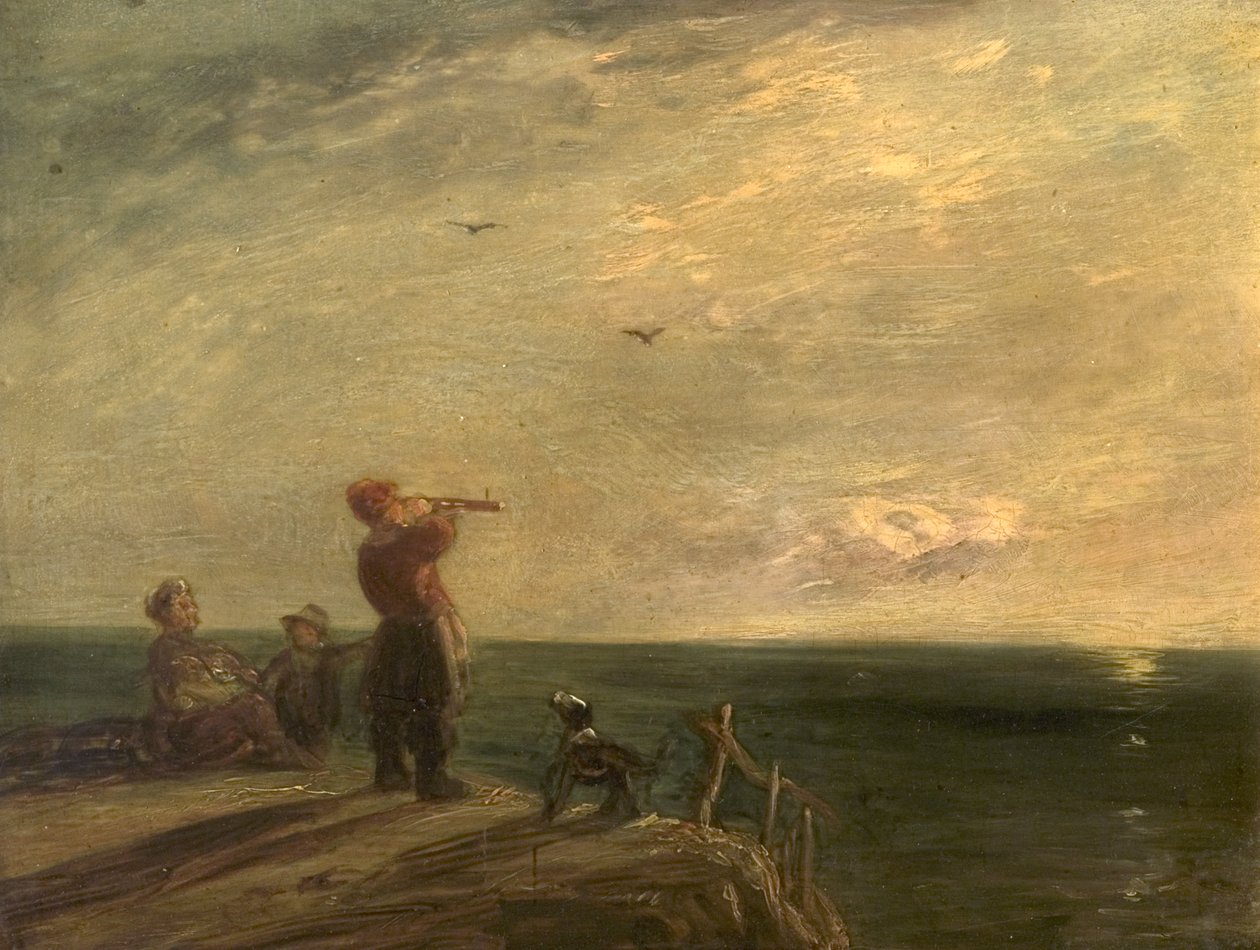 Meereslandschaft mit Figuren und Hund, Sonnenuntergang von William Collins