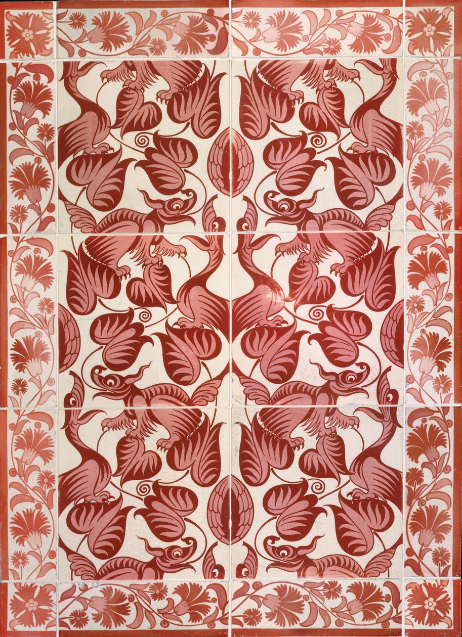 Fliesenpaneel mit wiederholtem Muster von Vögeln, Drachen und Laub, ca. 1882-88 von William de Morgan
