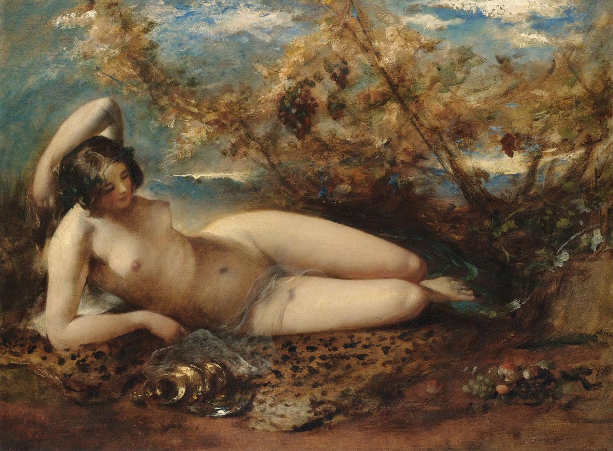 Eine junge Frau auf einem Pelzteppich liegend von William Etty