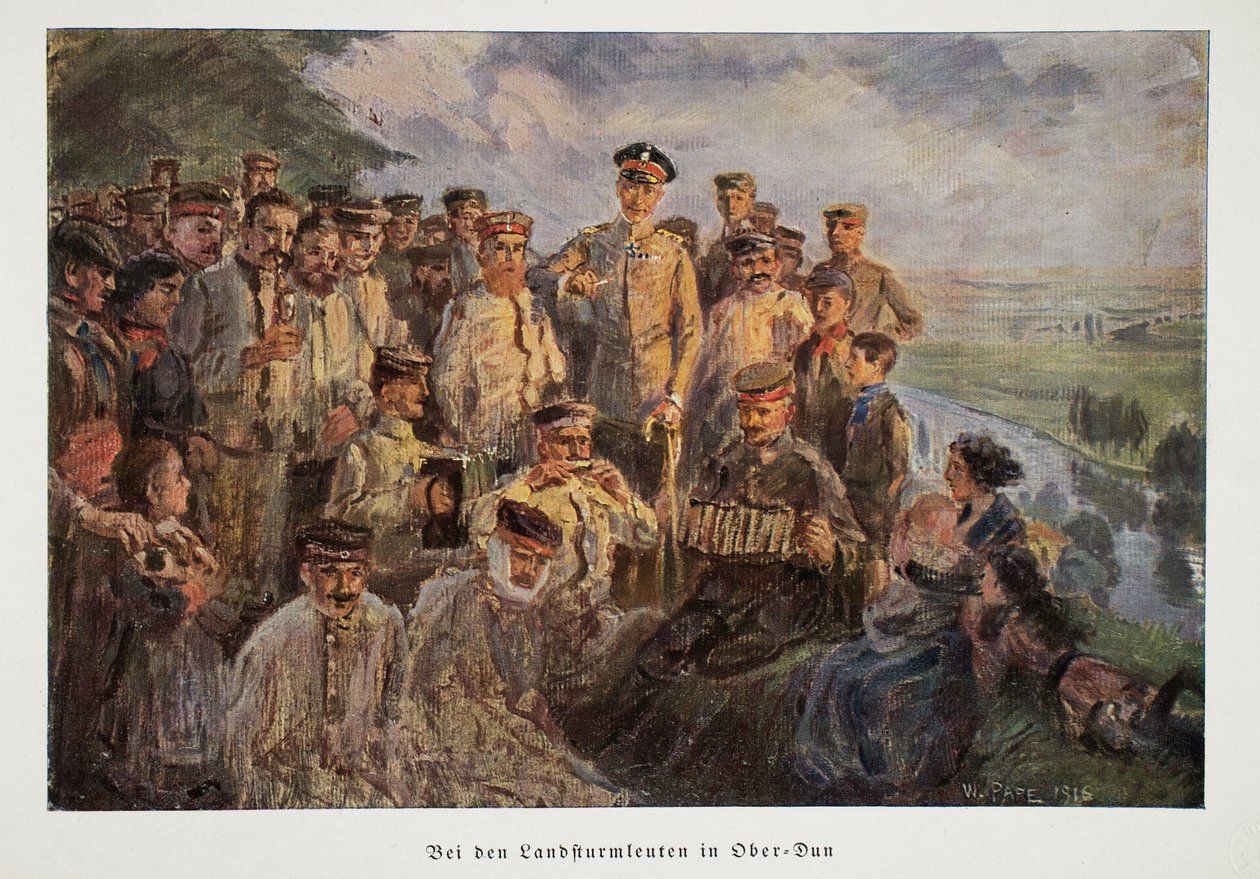 Wilhelm, Kronprinz von Deutschland, besucht Truppen, die sich mit ihren Familien entspannen, veröffentlicht 1918 von William Friedrich Georg Pape