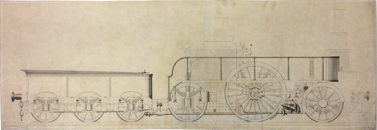 Konstruktionszeichnung einer experimentellen Kondensationslokomotive, vor 1848 von William George Armstrong