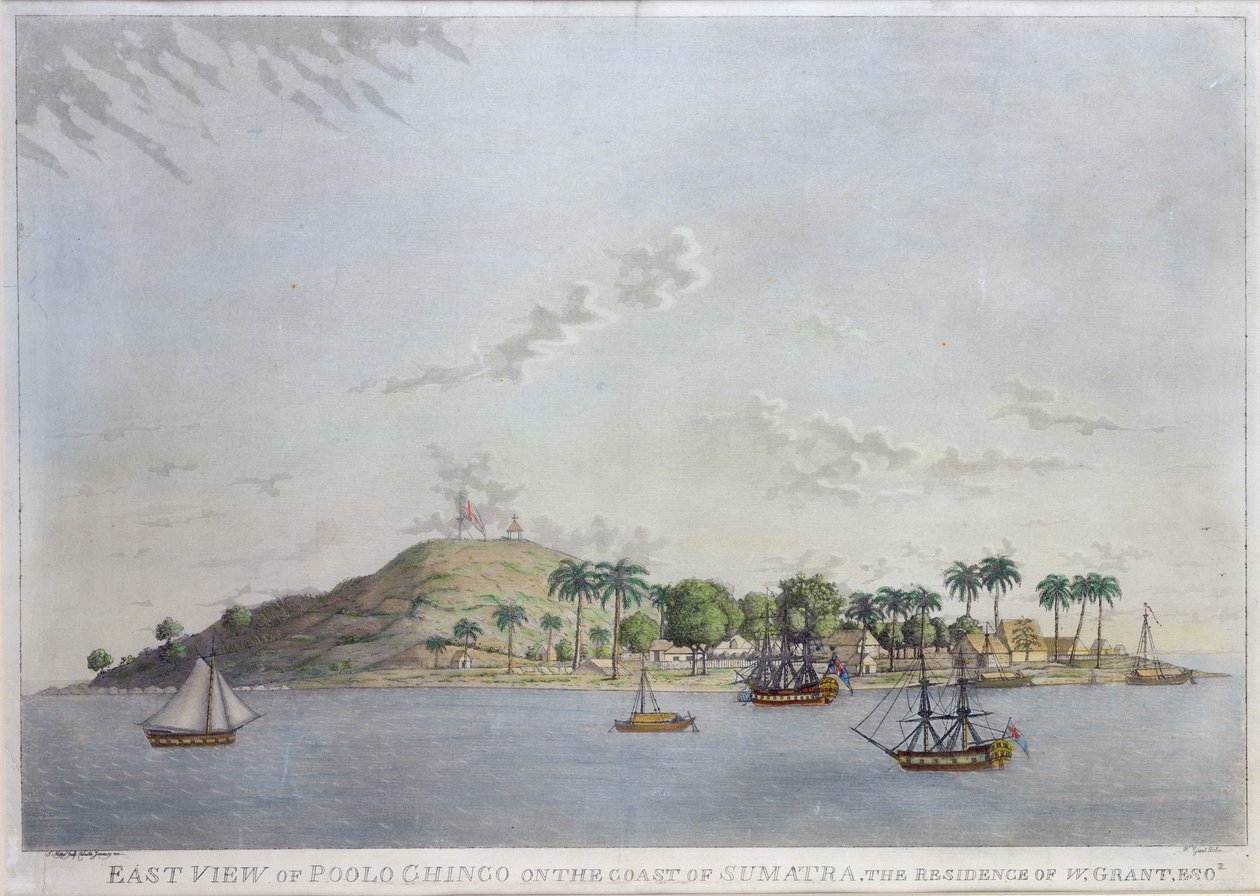Ostansicht von Poolo Chinco an der Küste von Sumatra, der Wohnsitz von W. Grant Esq., graviert von James Moffat, 1802 von William James Grant
