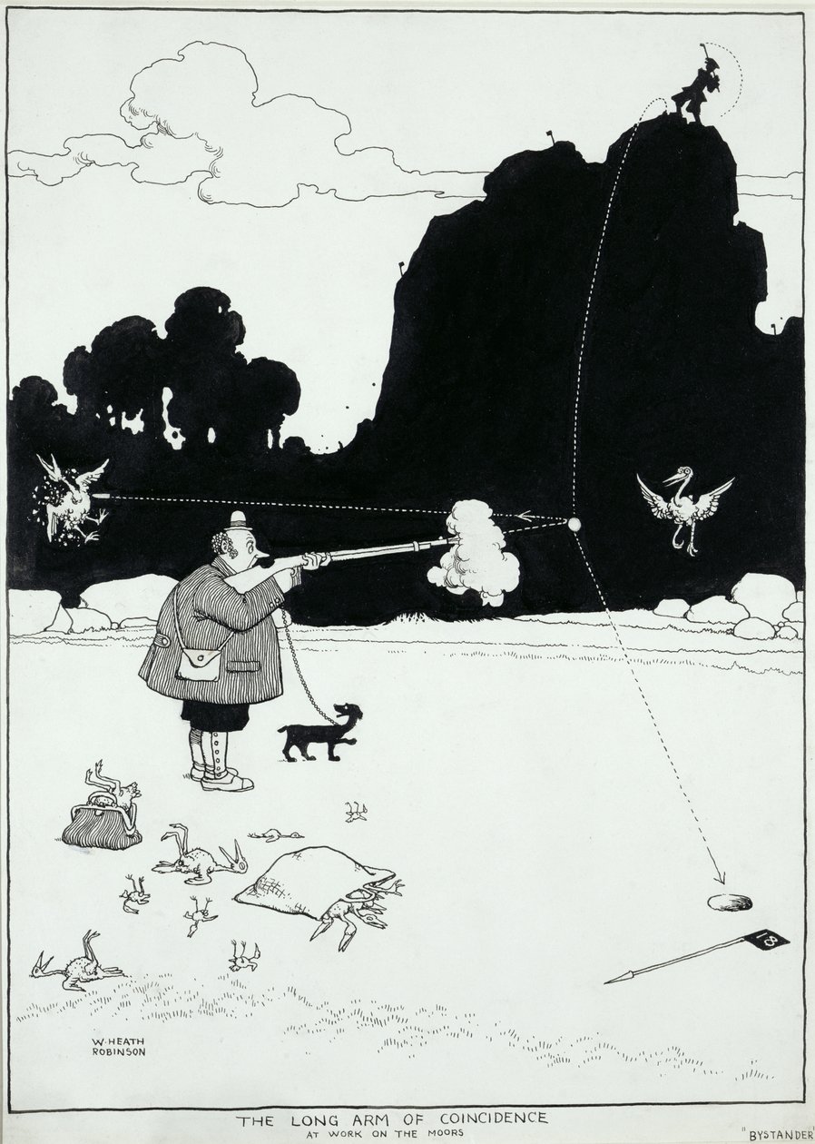 Der lange Arm des Zufalls bei der Arbeit auf den Mooren, eine Illustration für The Bystander, August 1922 von William Heath Robinson