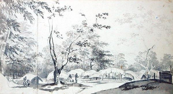 Ansicht eines Bergdorfes im Bezirk Baugelepoor (Bhagalpur) 1783 von William Hodges