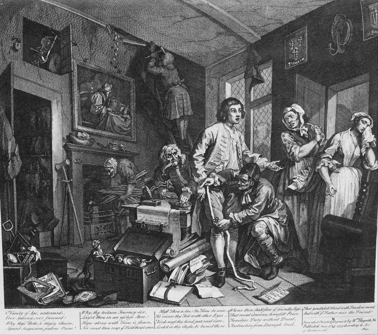 Ein Wüstling, Platte 1, Der junge Erbe übernimmt die Habseligkeiten des Geizhalses von William Hogarth