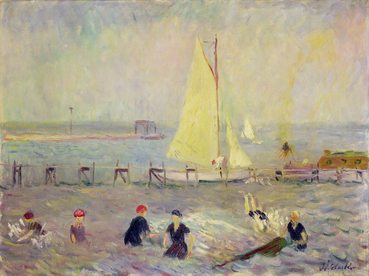 Meereslandschaft mit zwei Segelbooten und sechs Badenden von William James Glackens