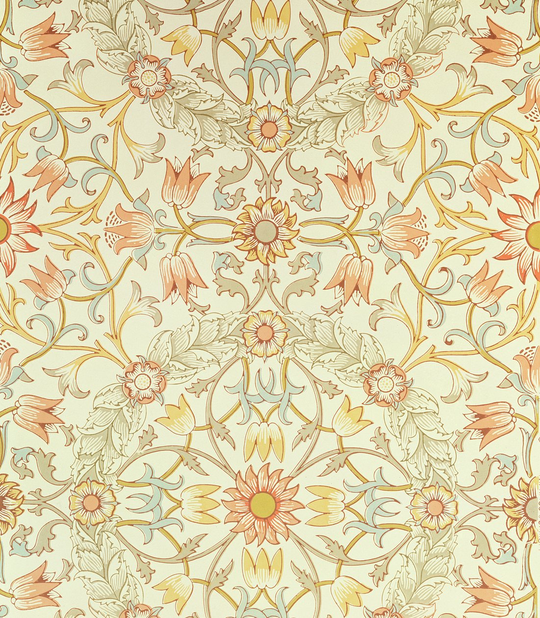 Tapete mit einem Blumendesign von Lilien, umgeben von Rosen, entworfen von William Morris (1834-96) von William Morris