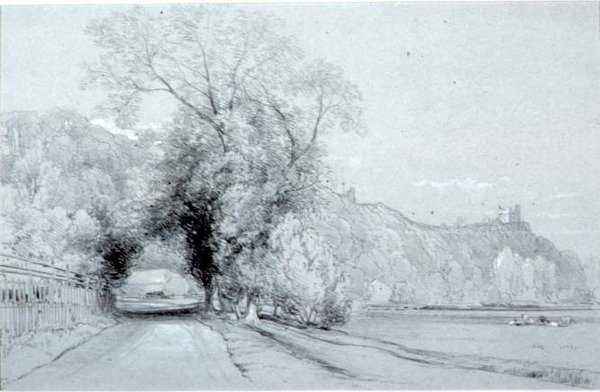 Straße entlang Wiesen und einem Schloss von William Roxby Beverly