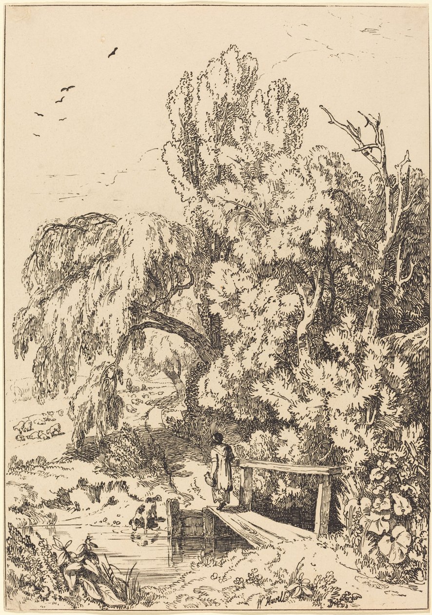 Landschaft mit Bäumen, Mädchen überquert Fußbrücke von William Havell