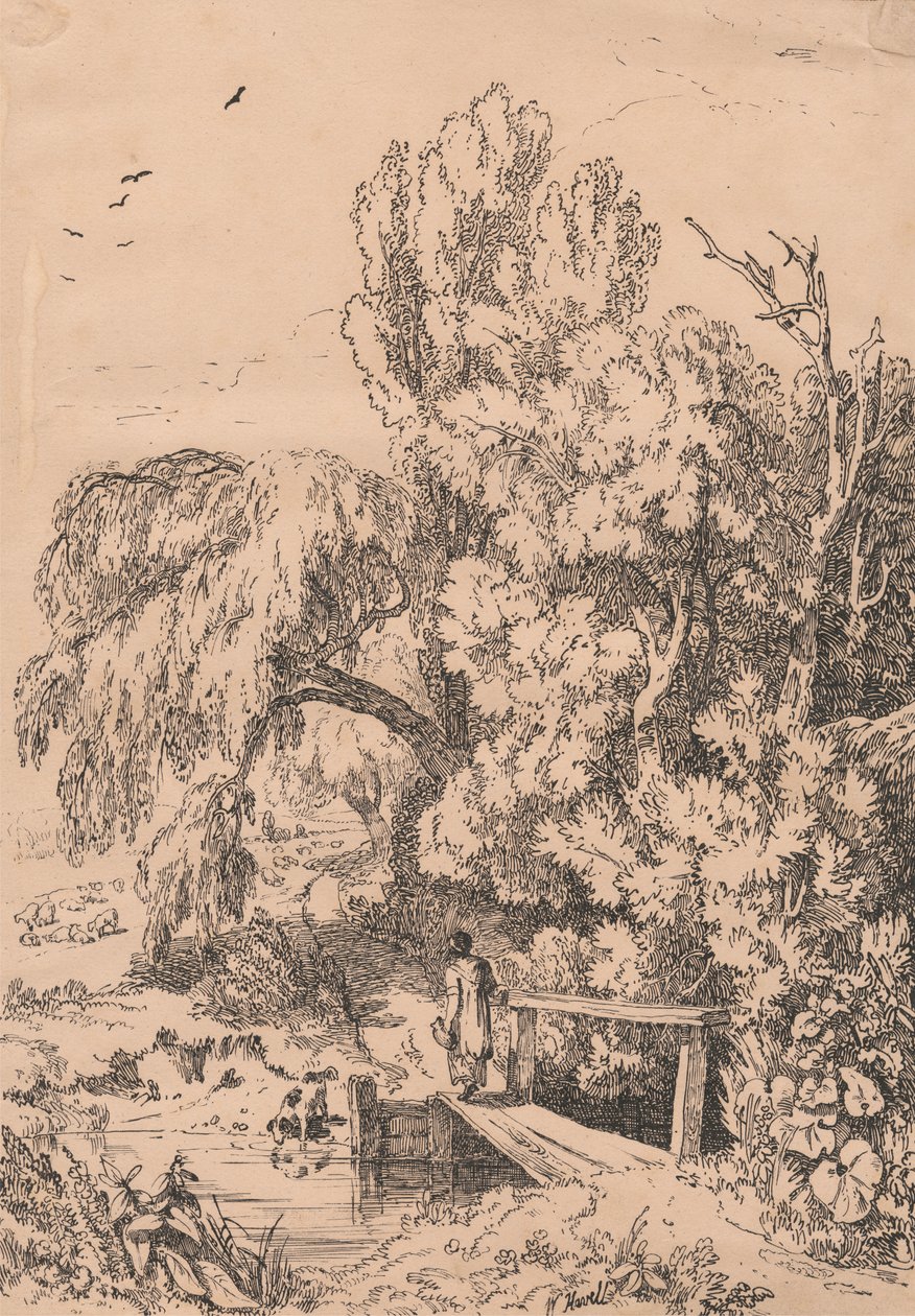 Landschaft mit Bäumen, Mädchen überquert Fußbrücke von William Havell
