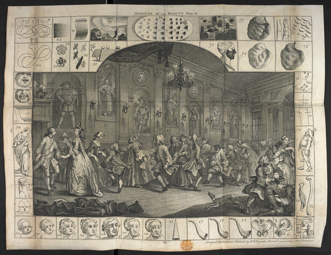 Eine große Anzahl von Menschen tanzt von William Hogarth