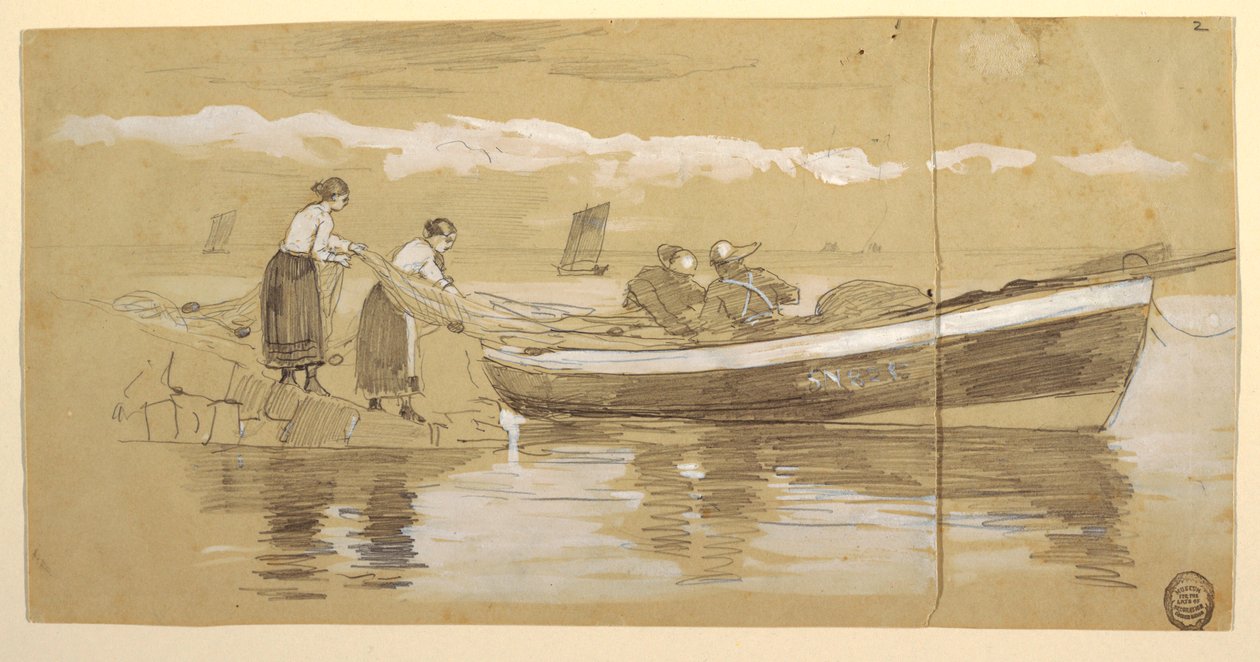 Zeichnung, Fischer und Frauen verstauen Netze in einem gestrandeten Dory, Cullercoats, England von Winslow Homer