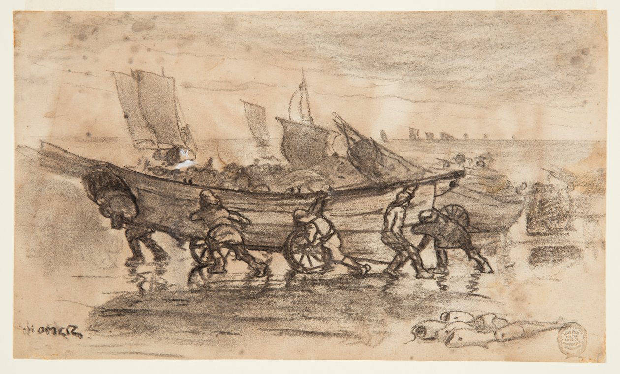 Fischer, die ein Dory an Land ziehen, Cullercoats, England von Winslow Homer