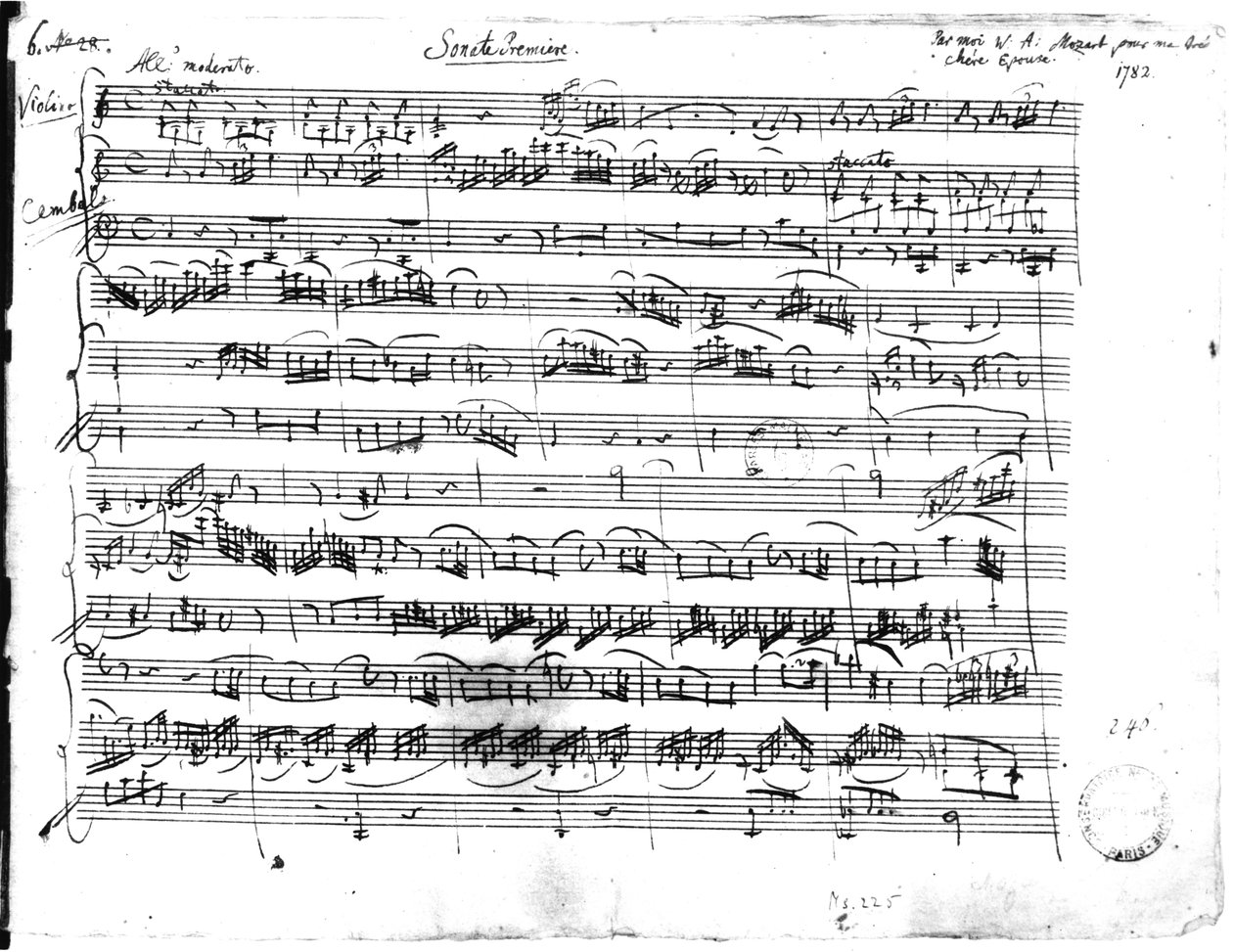 Ms.225 Sonate Premiere für Violine und Cembalo in C-Dur (K 403) 1782 von Wolfgang Amadeus Mozart