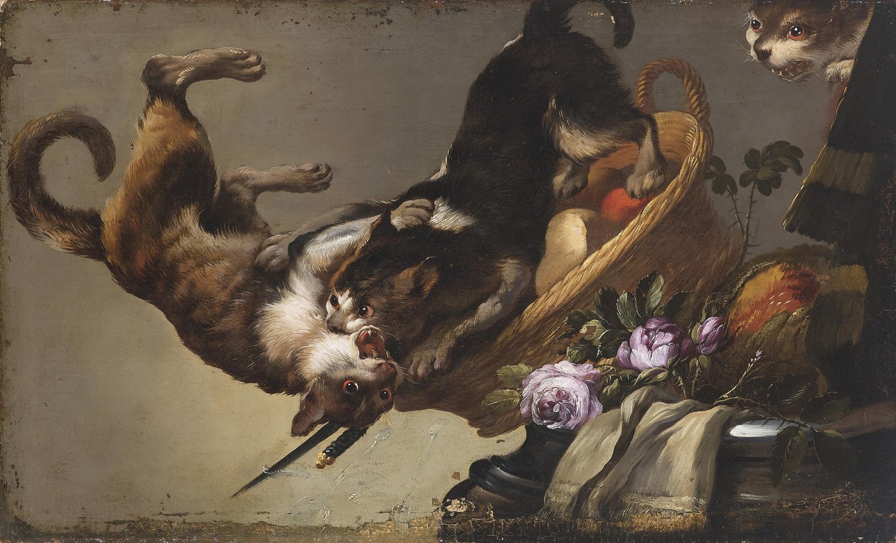 Stillleben mit kämpfenden Katzen von Frans and workshop Snyders
